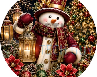 Elegantes Schneemann-Kranzschild | Rundes Metallschild mit rot-goldener Laterne und Weihnachtsstern für Kränze | Glamouröser Türhänger zur Kranzbefestigung
