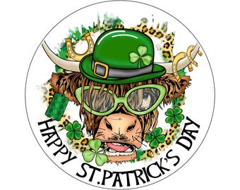 Glücklicher St. Patrick's Day Highland Kuh Tierdruck Kleeblattkranz Zeichen, Zeichen für März, Zeichen für Glück