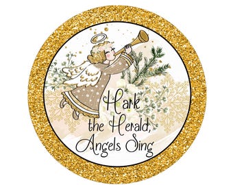Hark the Herald Angels Sing Sign, Metal Christmas Decor, Gold Glitter Angel Round Sign, Religious Holiday Decor