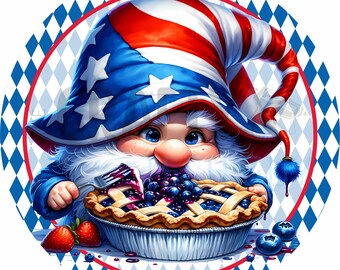 Patriotic Gnome Blueberry Pie Americana Summer Dessert Kitchen Round Wreath Sign
