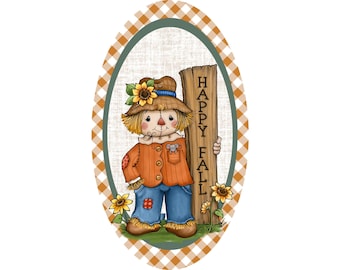 Happy Fall Scarecrow Wreath Sign | Rustic Harvest Oval Metal Sign for Wreaths | Autumn Porch Door Hanger