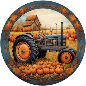 May include: A blue tractor with a large orange wheel sits in a field of orange pumpkins. The tractor is surrounded by a blue and brown circular frame with a fall leaf design.