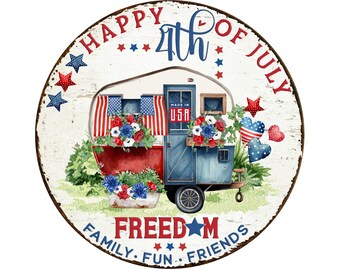 rustic patriotic travel camper wreath sign, farmhouse 4th of July sign, USA on the road sign, red, white and blue freedom sign