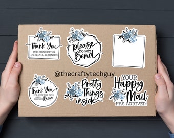 blue floral happy mail package labels, custom thank you box stickers