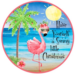 pink flamingo on the beach in the sun Christmas wreath sign, palm tree with Christmas lights on the beach wreath attachment