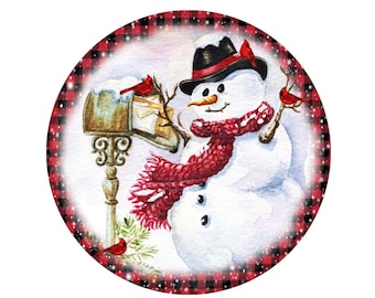 Vintage Snowman Getting Mail Christmas wreath sign, Buffalo Check Vintage Snowman Wreath Attachment, Snowman collector, Christmas Cardinal