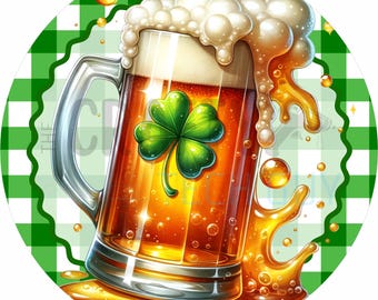 Lucky Shamrock Beer Mug St. Patrick’s Day Pub Decor Green Check Round Wreath Sign