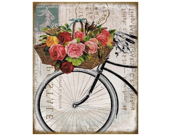 French Bicycle Floral Wreath Sign | Paris Postcard Round Metal Sign for Wreaths | Shabby Chic Door Hanger Wreath Attachment