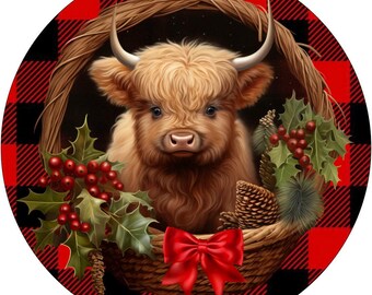 Red Black Buffalo Check Baby Highland Sign | Christmas Cow Round Metal Sign for Wreaths | Holiday Door Hanger