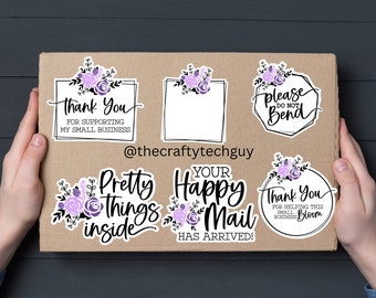 purple floral happy mail package labels, custom thank you box stickers