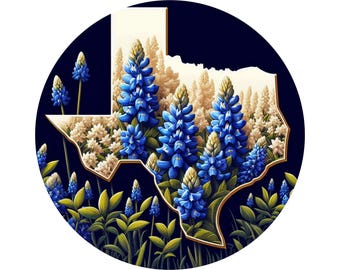 May include: A bluebonnet flower design in the shape of the state of Texas. The bluebonnets are surrounded by a dark blue background.