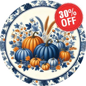 Blau und Orange Kürbis Toile Zeichen, Metall Herbst Dekor, Vintage Herbst Blumenkranz, Thanksgiving Wandkunst