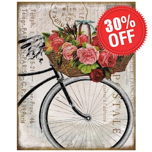 Placa de cartão postal de bicicleta francesa, acessório de guirlanda de bicicleta floral, placa de metal country francesa, placa chique e surrada, placa de cartão postal de Paris, roda de bicicleta