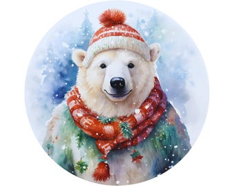 winter Christmas polar bear with scarf wreath sign, sign for winter, sign for Christmas, sign for December