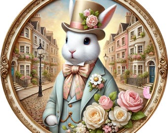 Dapper Regency Bunny Wall Art, Vintage Rabbit Portrait, Victorian Animal Print, Elegant Bunny Decor, Floral Bunny Gift, Easter Home Decor
