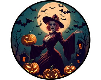 Señora espeluznante con sombrero de bruja rodeada de un letrero de corona de Jack O Lantern, letrero para Halloween, letrero para octubre
