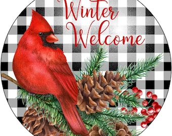 Buffalo Check Cardinal Schild, rustikale Winter Wanddekoration, roter Vogel und Tannenzapfen, Weihnachten Kardinal Dekoration, Woodland Home Decor