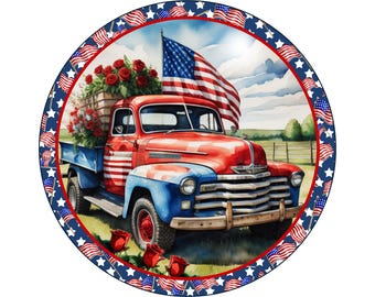 Patriottisch vintage vrachtwagenkransbord | Rond metalen bord met Amerikaanse sterren en strepen voor kransen | Deurhanger voor 4 juli