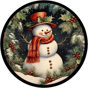 ヒイラギの花輪が付いたビンテージの雪だるま、クリスマスの冬のリースのサイン、12月のサイン、クリスマスのサイン、冬のサイン