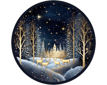 May include: A circular Christmas ornament with a dark blue background and gold accents. The ornament depicts a snowy forest scene with a castle in the distance and golden deer in the foreground. The ornament is decorated with gold glitter and stars.