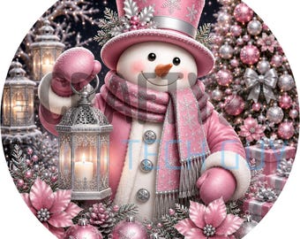Elegantes Schneemann-Kranzschild | Rundes Metallschild mit rosa-silberner Laterne und Weihnachtsstern für Kränze | Glamouröser Türhänger zur Kranzbefestigung