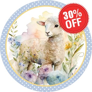 spring pastel lamb with flowers wreath sign, blue and white polka dot lamb wall decor, Easter lamb decoration