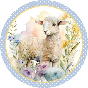 spring pastel lamb with flowers wreath sign, blue and white polka dot lamb wall decor, Easter lamb decoration