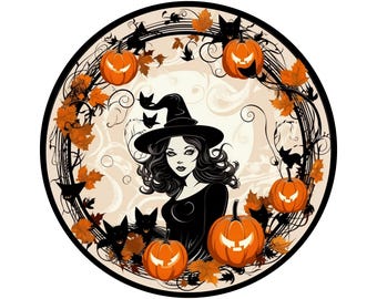 Söt häxa omgiven av jack o' lanterns kransskylt, skylt för Halloween, skylt för oktober