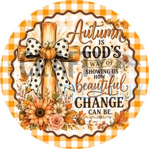 Herfstkruiskransbordje | Rond metalen bordje met herfstthema en Bijbelteksten | Religieuze deurhanger/kranshanger