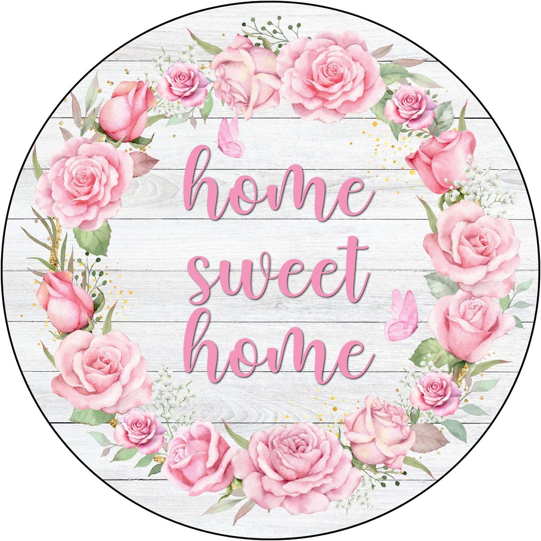 Home Sweet Home Sign, Pink Rose Wreath Sign, Shiplap Floral Door Decor ...
