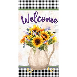 Letrero de bienvenida con girasoles / Decoración rústica con cuadros escoceses / Arte de pared con jarra de girasoles estilo granja / Letrero de bienvenida para porche