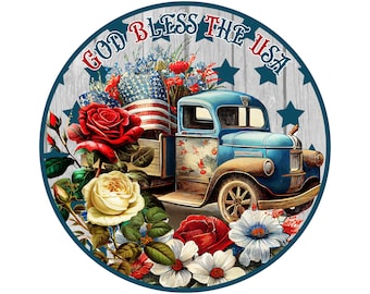 Patriottisch vintage vrachtwagenkransbord | Rond metalen bord met sterren en strepen in Amerikaanse stijl voor kransen | Deurhanger/kransbevestiging voor 4 juli