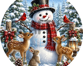 Schneemann-Waldtier-Kranzschild | Rundes Metallschild mit Hirsch, Kardinal und Hase für Kränze | Türhänger-Kranzbefestigung für den Winter