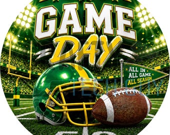 May include: A round graphic featuring a green and yellow football helmet and a brown football on a field. The text GAME DAY appears in large letters above, with a pennant flag reading ALL IN ALL GAME ALL SEASON and stadium lights in the background.