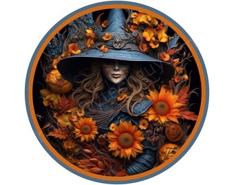 blue hat wicked witch orange sunflowers wreath sign, orange sunflowers Halloween sign, spooky Halloween witch wall art