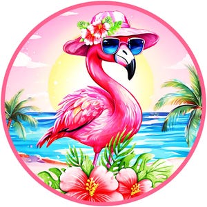 pink flamingo at the beach metal wreath sign, pink flamingo wall art, beach house sign