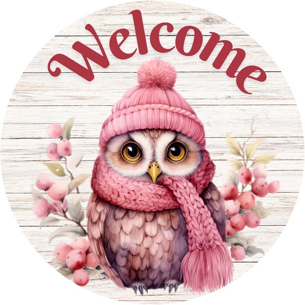 floral pink Christmas baby owl wreath sign, sign for winter, sign for Christmas, sign for cat lover
