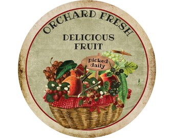 rustic vintage fruit basket metal wreath sign, grungy basket of fruit wall art, farmhouse garden gift