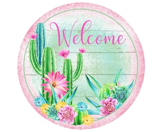 watercolor summer farmhouse cactus wreath sign, welcome cactus desert wall art, sign for cactus collector