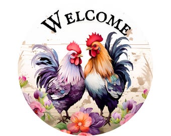 farmhouse roosters welcome wreath sign, rooster farm life sign, rooster couple wall art