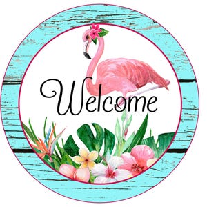 farmhouse pink flamingo standing in palm leaves and flowers, pink flamingo wall art, flamingo sign for the beach house