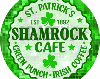 St. Patrick’s Shamrock Café Round Wreath Sign Green Punch Irish Coffee Pub Decor St. Paddy’s Door Hanger Round Wreath Sign