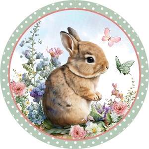 witte stip bruin konijntje bloemen metalen krans bord, lente vlinder wilde bloemen kunst aan de muur, blanco