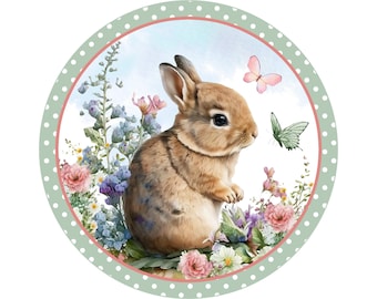 signe de couronne florale en métal de lapin brun à pois blancs, art mural de fleurs sauvages de papillon de printemps, blanc