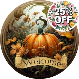 Welcome Sign with Pumpkin Patch Design, Green Border Fall Door Decor, Harvest Themed Autumn Wreath Accent, Rustic Farmhouse Entryway