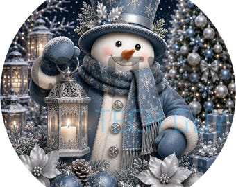 Elegantes Schneemann-Kranzschild | Rundes Metallschild in Marineblau-Silber-Laterne für Kränze | Glamouröser Türhänger zur Kranzbefestigung