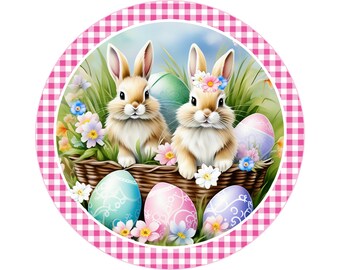 Couronne en métal rose à carreaux printanier avec des fleurs dans un panier, décoration murale florale bleue et rose de lapin de Pâques