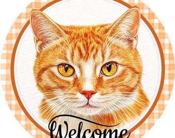 Cartello di benvenuto con gatto soriano arancione, decorazione per ghirlanda per gatti, decorazione per porta per animali domestici a quadretti, cartello con gatto in metallo con stampa sublimatica, idea regalo per amanti dei gattini