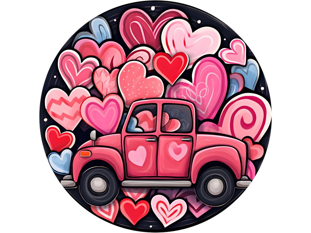 Retro Pink Vintage Truck Valentine's Day Wreath Sign, Pink Vintage