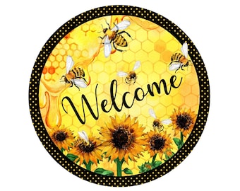 Panneau de bienvenue abeille et tournesol : décoration de couronne de ferme